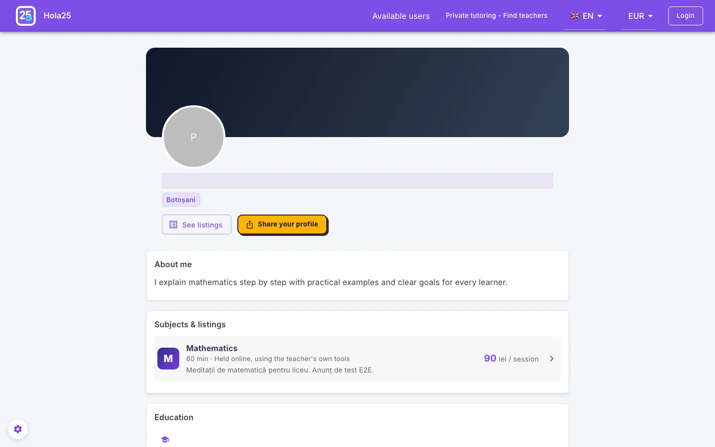 Previewing and sharing the public tutor profile in the Hola25 web interface