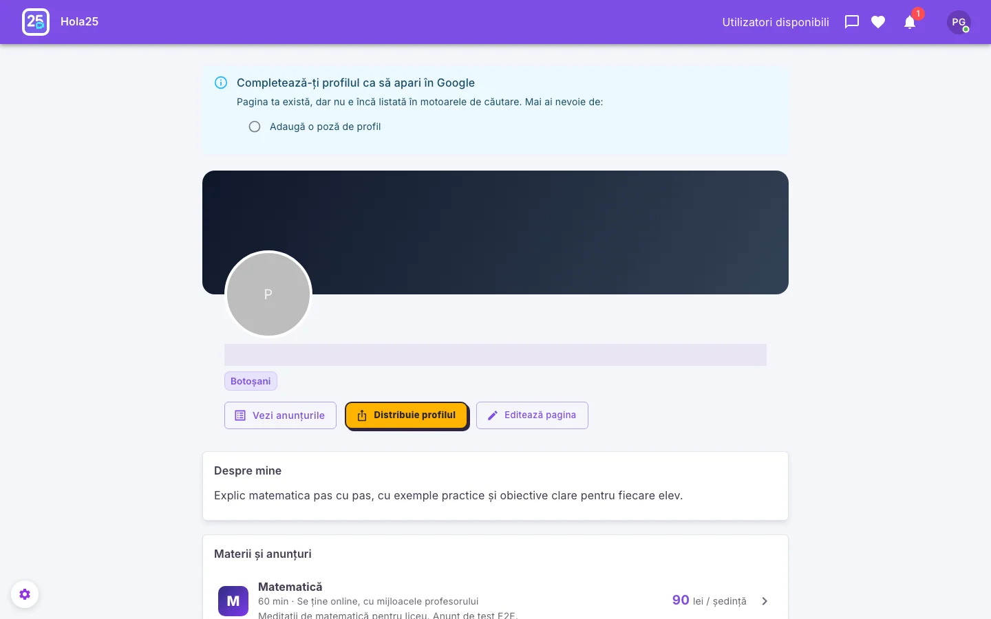 Previzualizarea și distribuirea profilului public în interfața web Hola25