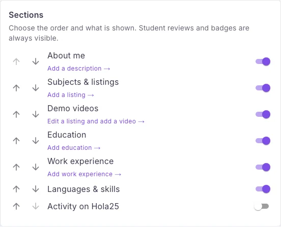 Profile section order and visibility in the Hola25 web interface