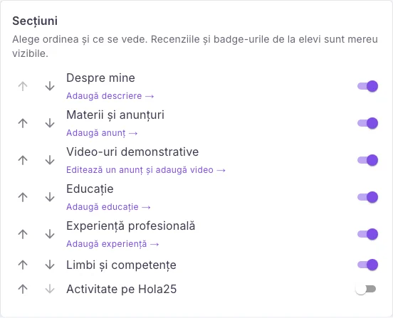 Ordinea și vizibilitatea secțiunilor profilului în interfața web Hola25