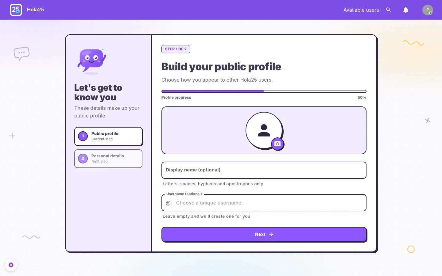 First Hola25 profile step for display name and public information