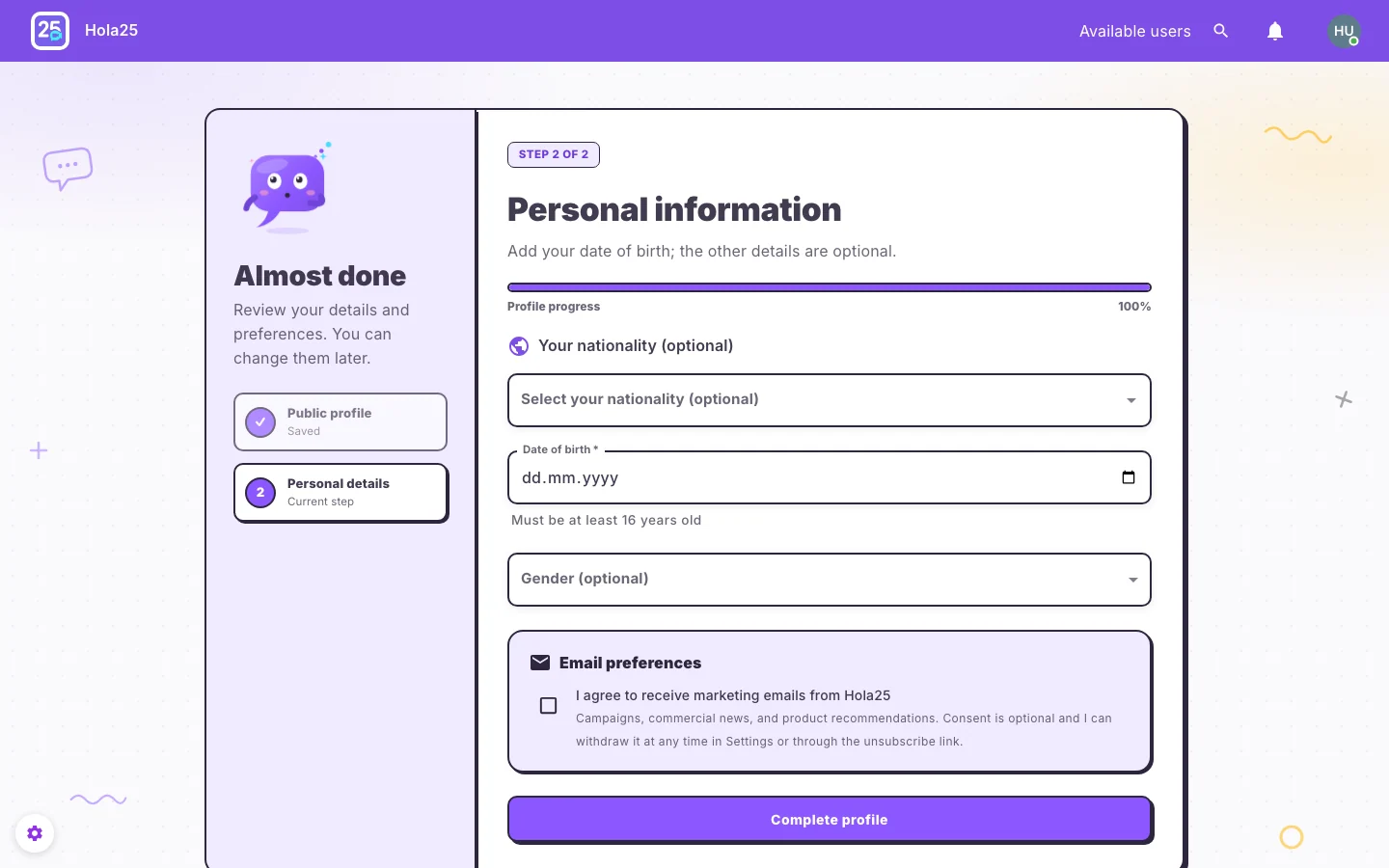 Second Hola25 profile step with personal details and preferences