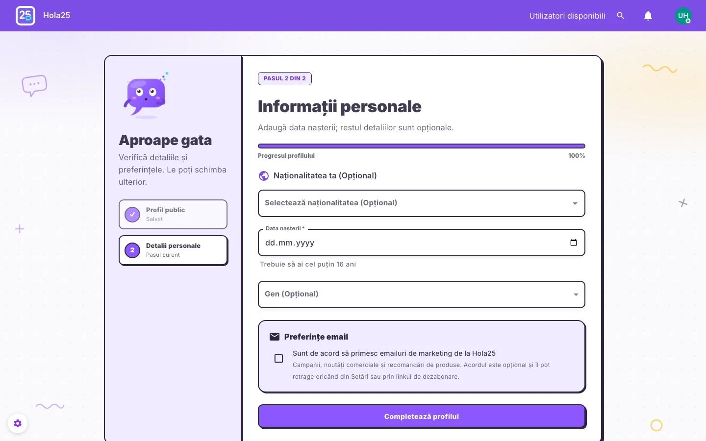 Al doilea pas Hola25 cu informații personale și preferințe de profil