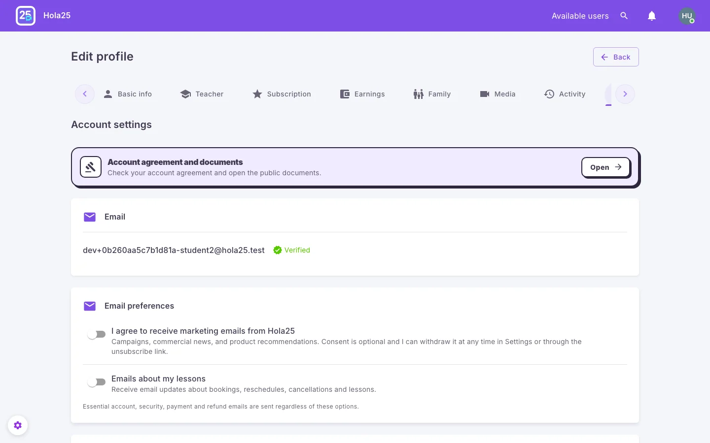 Hola25 account settings with tabs for profile and account management