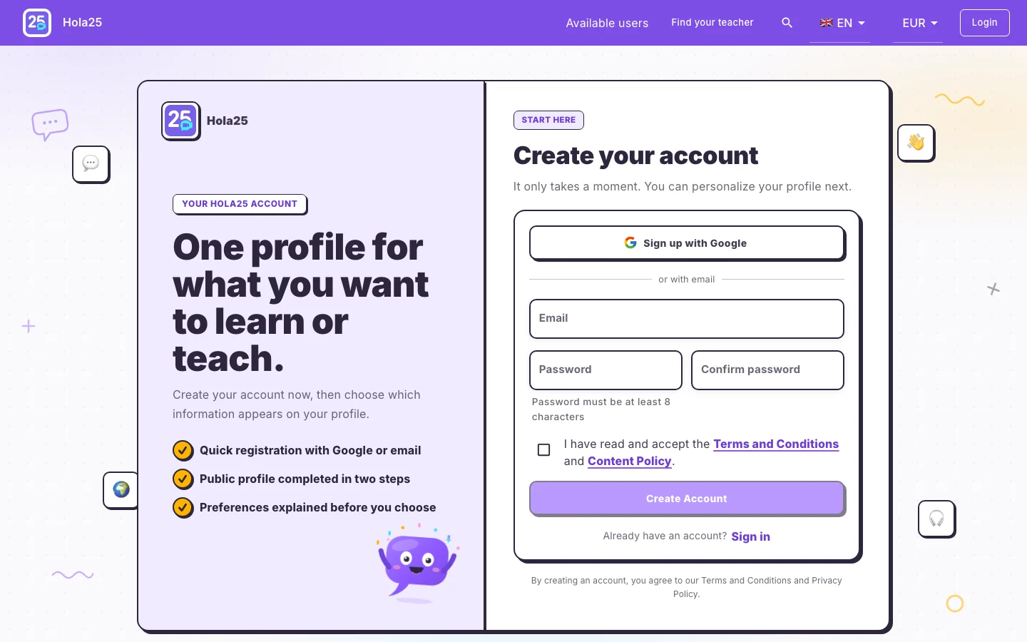 Hola25 form for creating a new account with an email and password