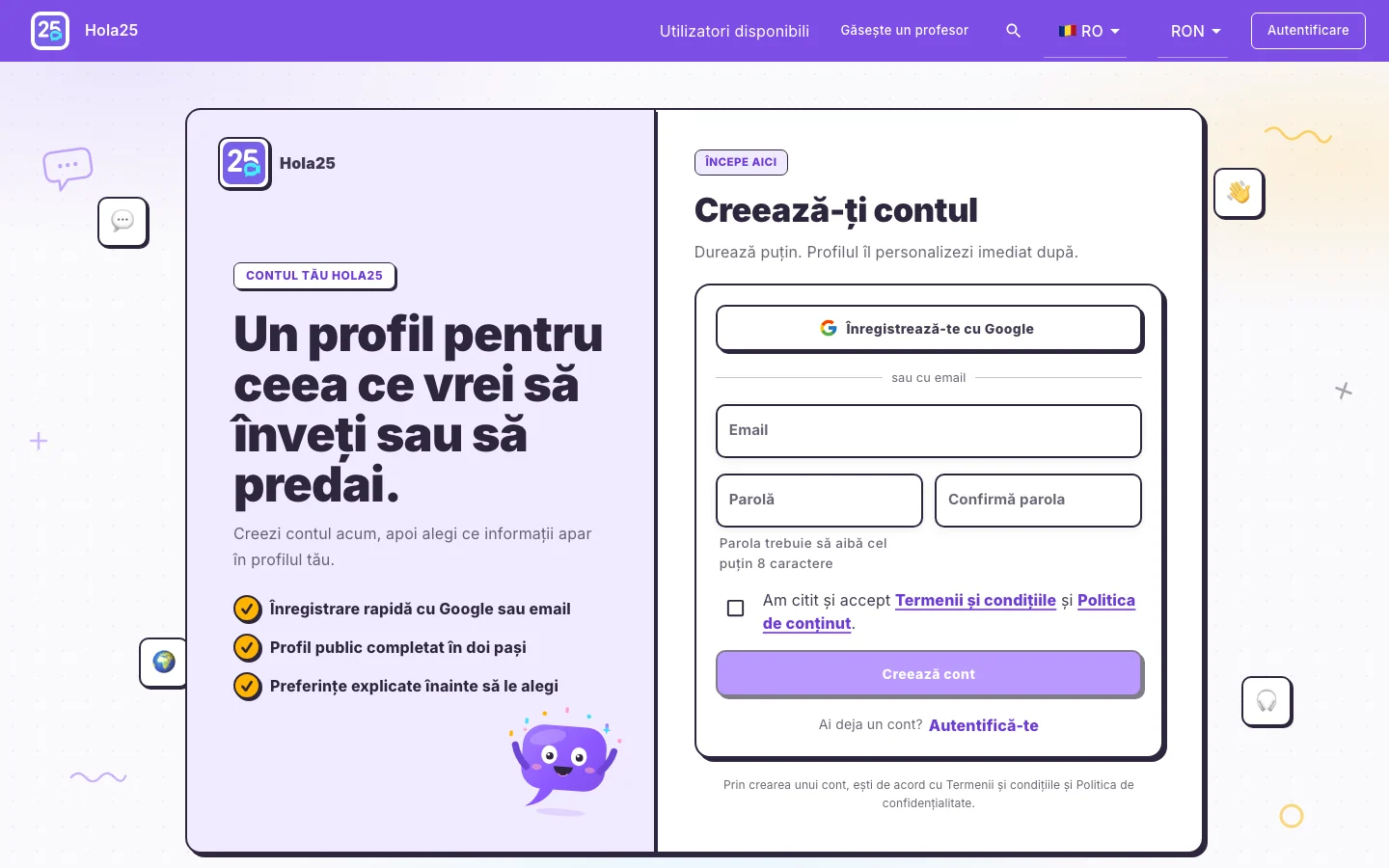 Formularul Hola25 pentru crearea unui cont nou cu email și parolă