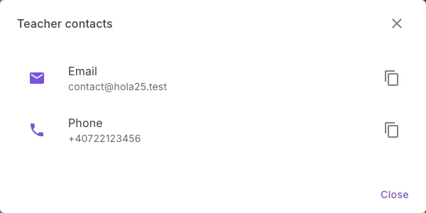 Hola25 dialog showing contact details published by the tutor