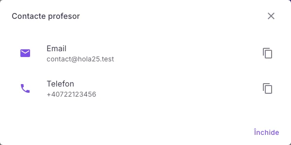 Dialogul Hola25 cu datele de contact publicate de profesor