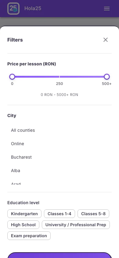 Hola25 mobile filters for narrowing tutoring listing results