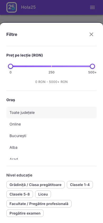 Filtrele mobile Hola25 pentru restrângerea rezultatelor de meditații