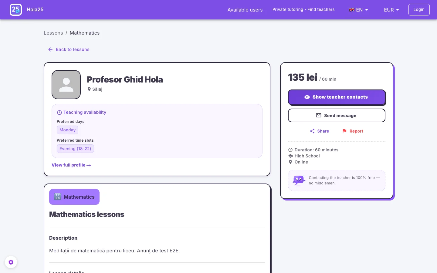 Public Hola25 tutoring listing page created for the help guide