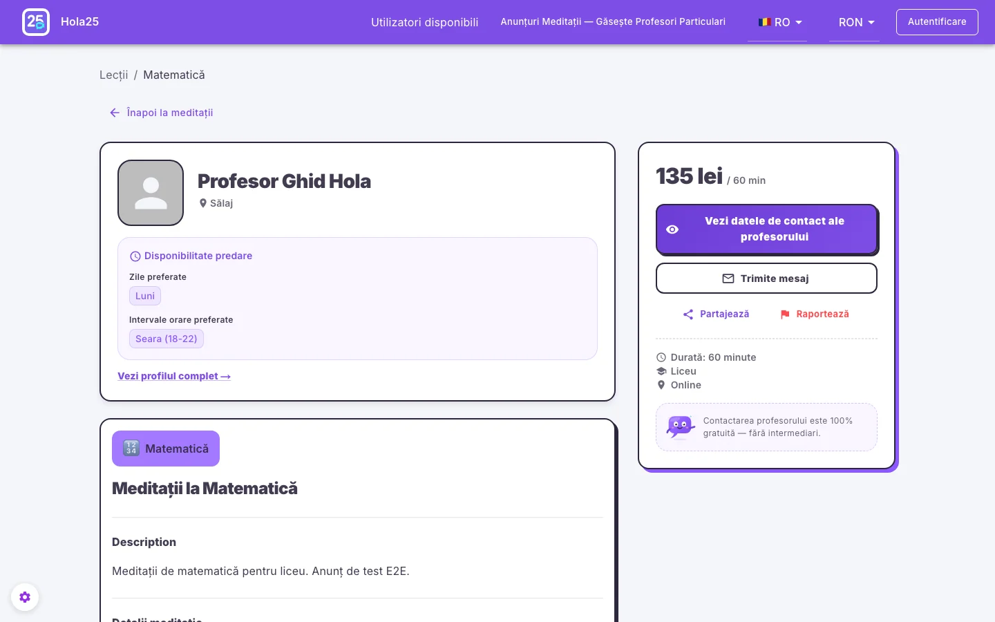 Pagina publică Hola25 a unui anunț de meditații creat pentru ghid