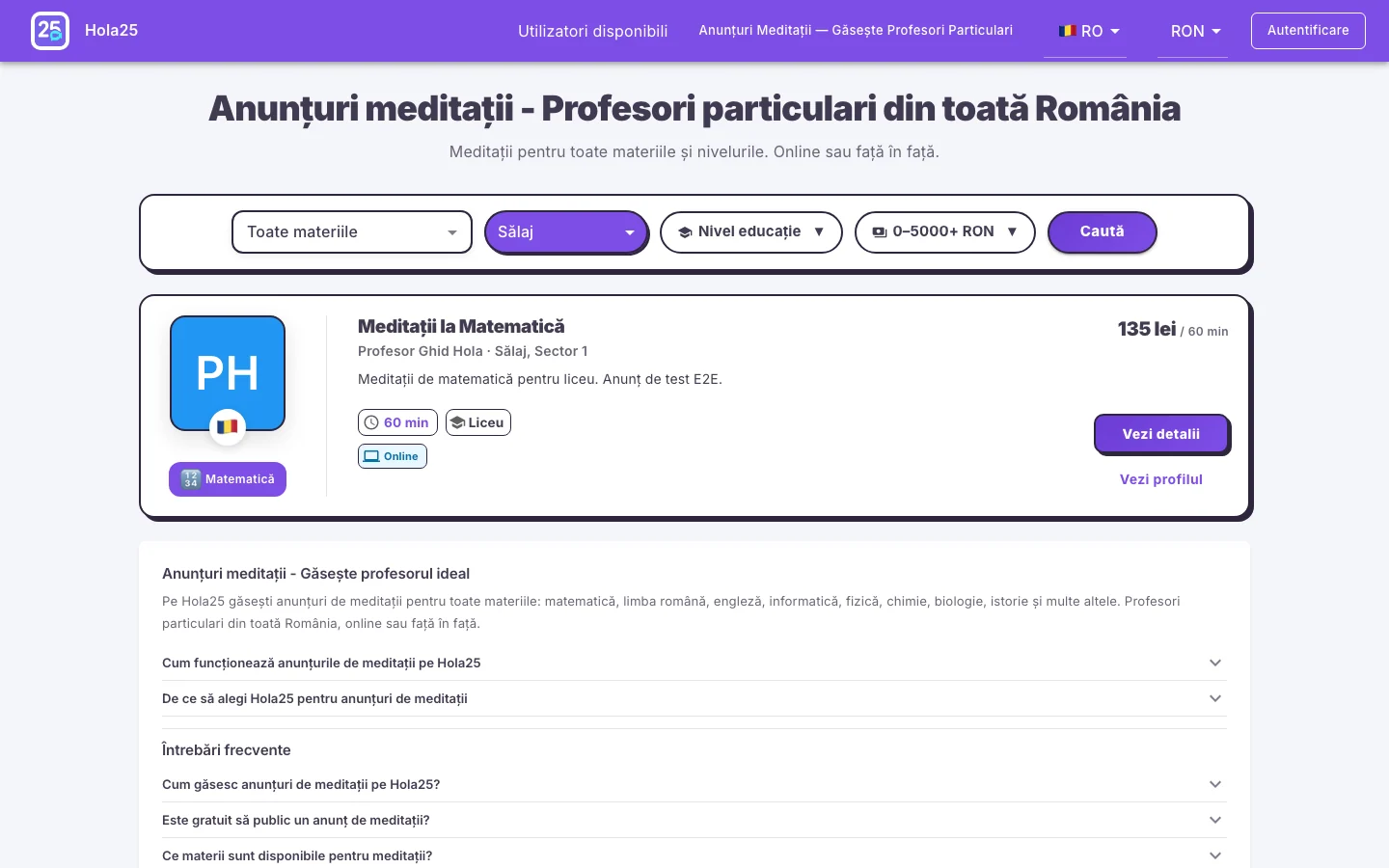 Rezultatele Hola25 pentru căutarea și compararea anunțurilor de meditații