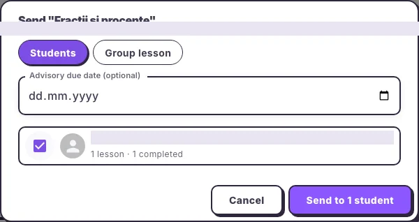Assigning homework with a due date and reminder in the Hola25 web interface