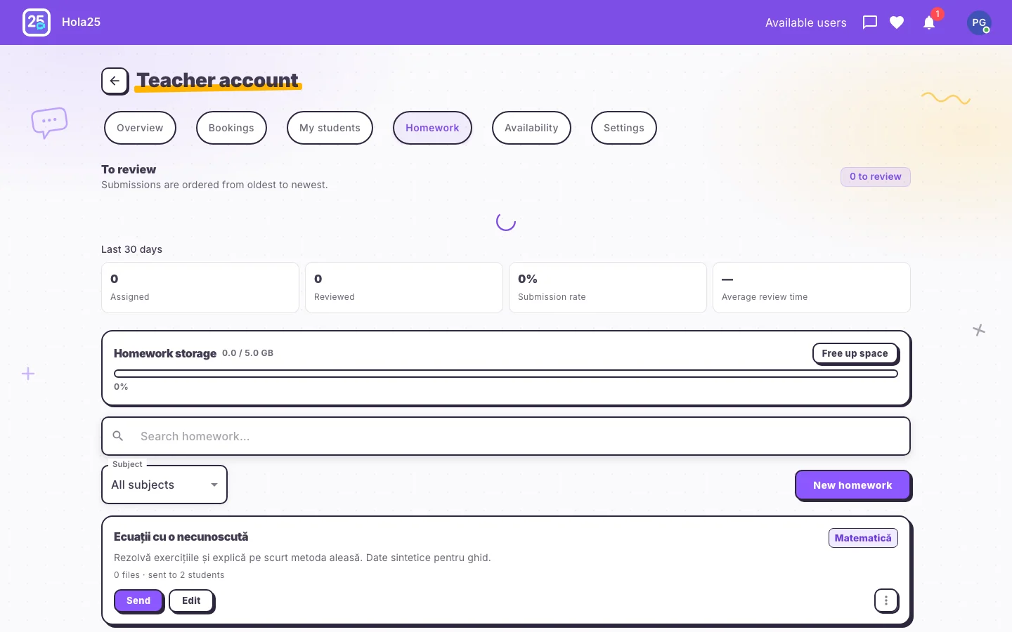 The tutor homework library in the Hola25 web interface