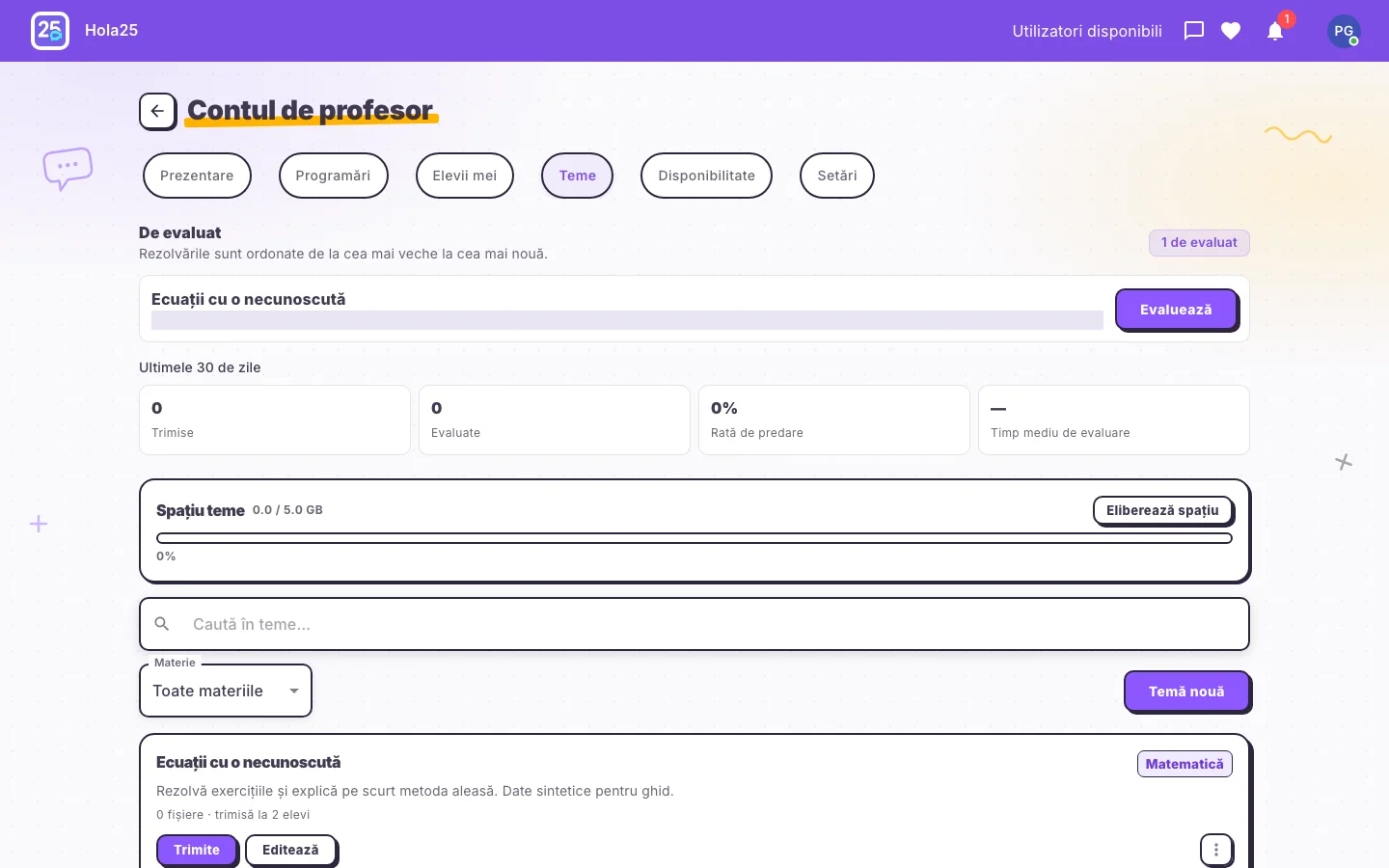 Biblioteca de teme a profesorului în interfața web Hola25