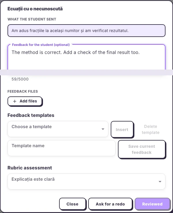 Reviewing homework with a rubric and redo in the Hola25 web interface