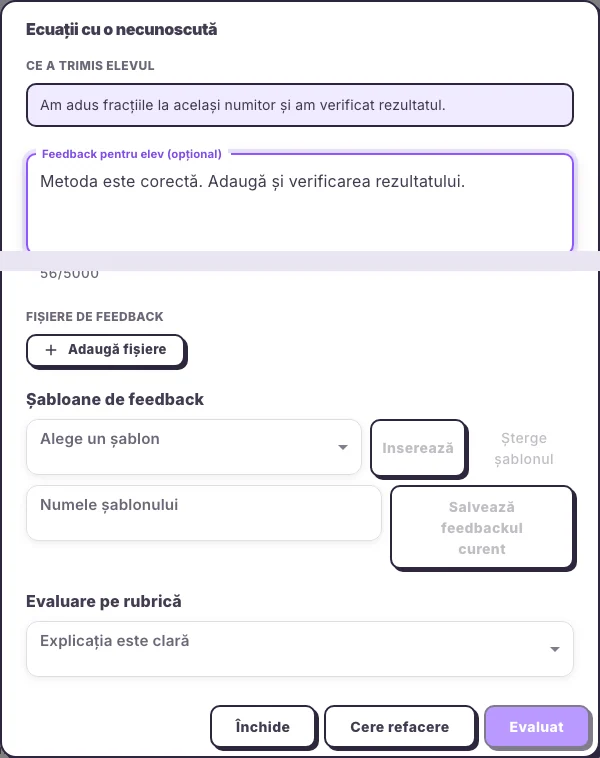 Evaluarea unei teme cu rubrică și refacere în interfața web Hola25