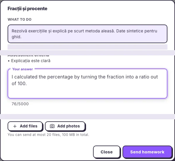 A student submitting homework in the Hola25 web interface