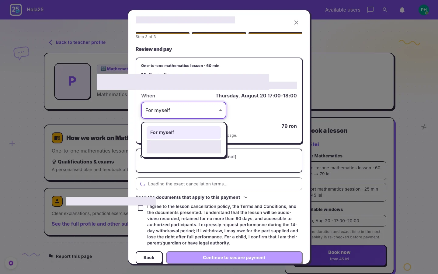 Choosing who will attend the lesson in the Hola25 web interface
