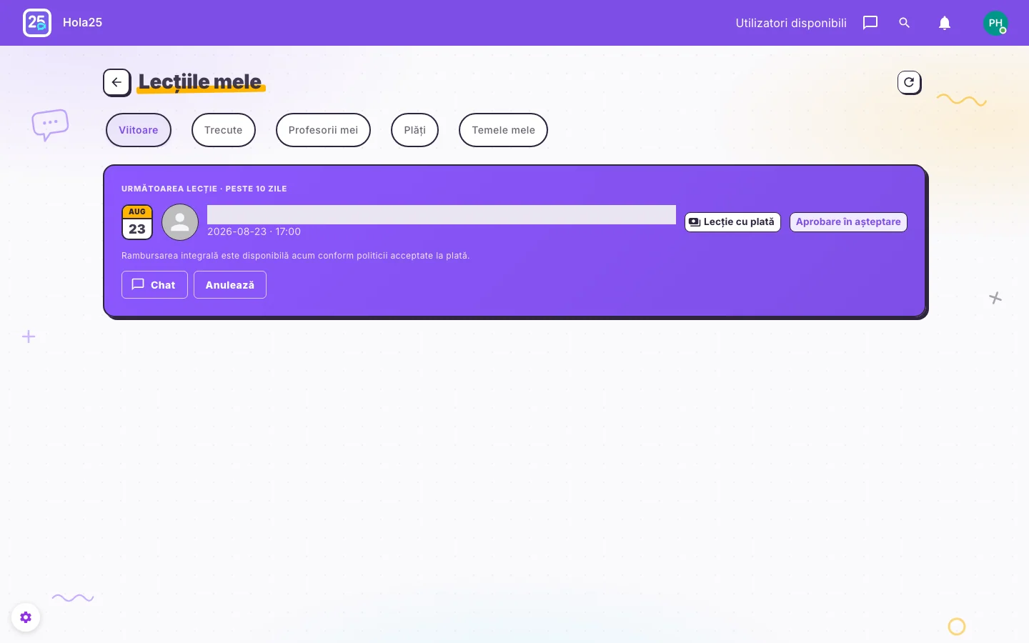 Etapa unei rezervări de lecție în interfața web Hola25
