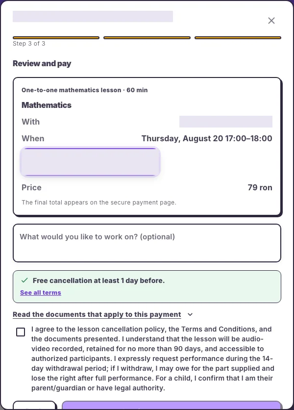 Reviewing a booking before secure payment in the Hola25 web interface
