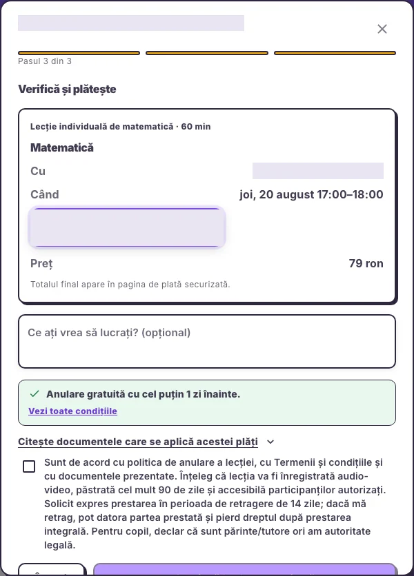 Verificarea rezervării înainte de plata securizată în interfața web Hola25
