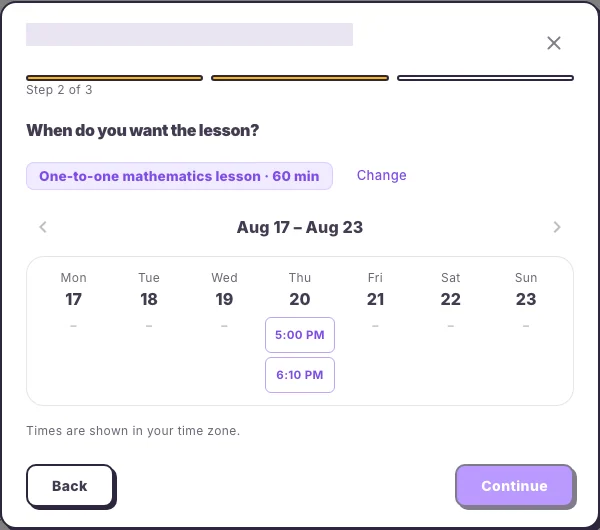 Choosing a lesson rate and time in the Hola25 web interface