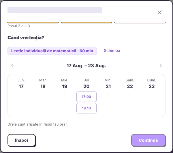 Alegerea tarifului și intervalului unei lecții în interfața web Hola25