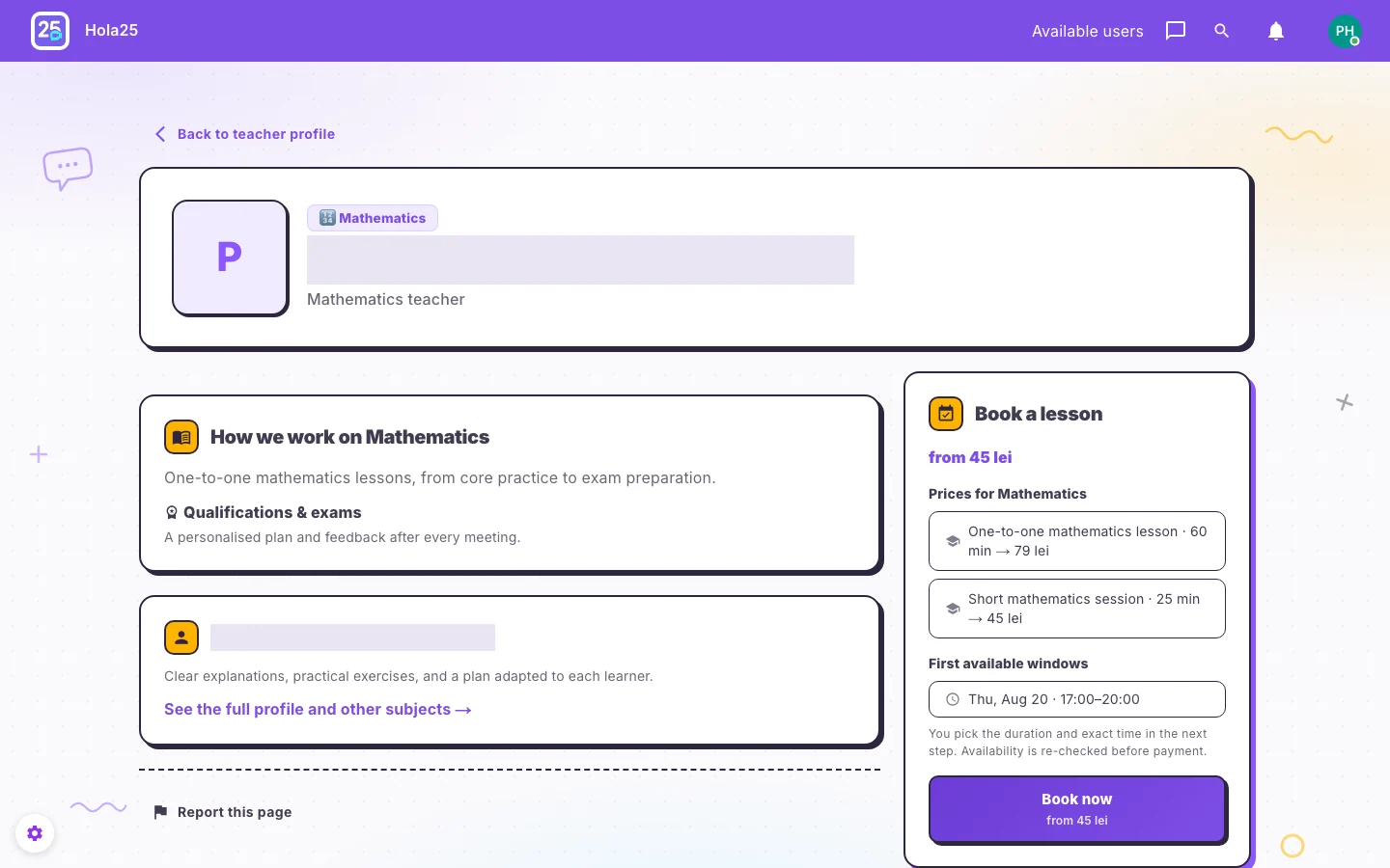 A tutor offer for in-platform lessons in the Hola25 web interface