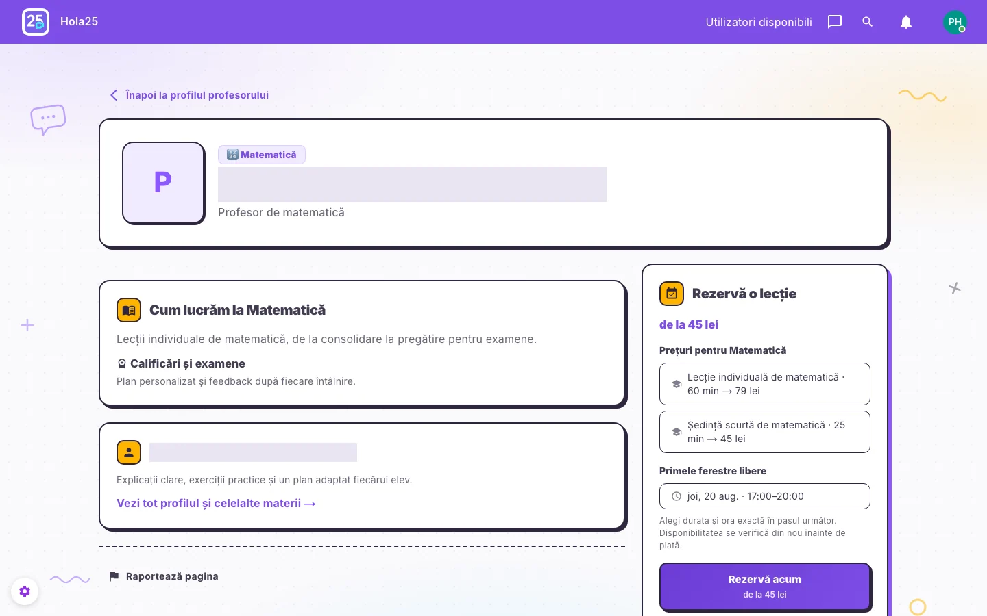 Oferta unui profesor pentru lecții pe platformă în interfața web Hola25