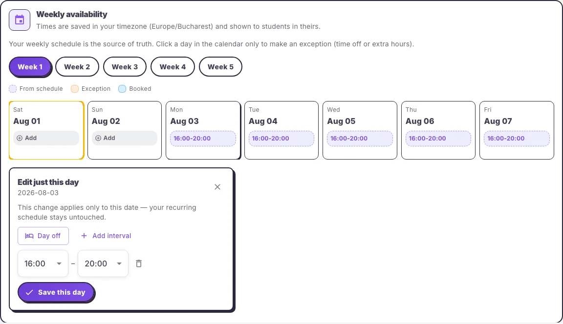Availability editor used to block one vacation day