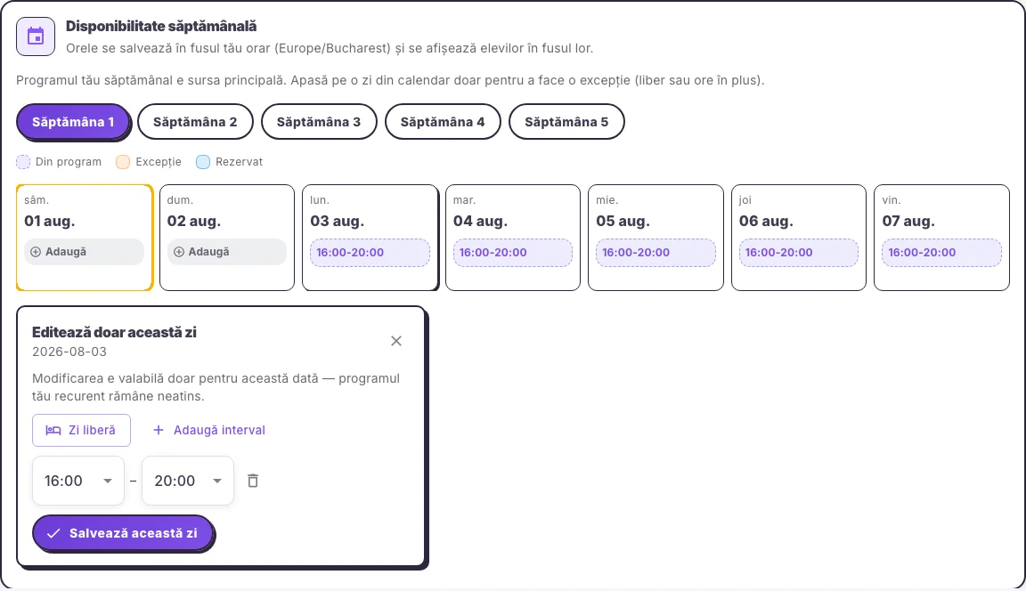 Editorul de disponibilitate pentru blocarea unei zile de vacanță