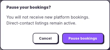 Teacher Hub confirmation dialog for pausing new lesson bookings