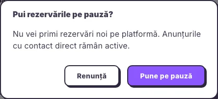 Dialogul de confirmare pentru pauza rezervărilor din Teacher Hub