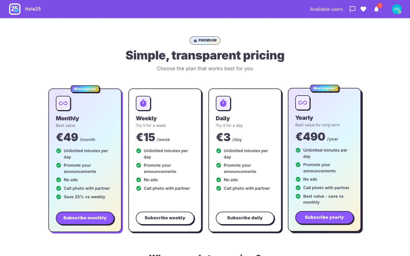Hola25 page with current Premium subscription benefits and offer