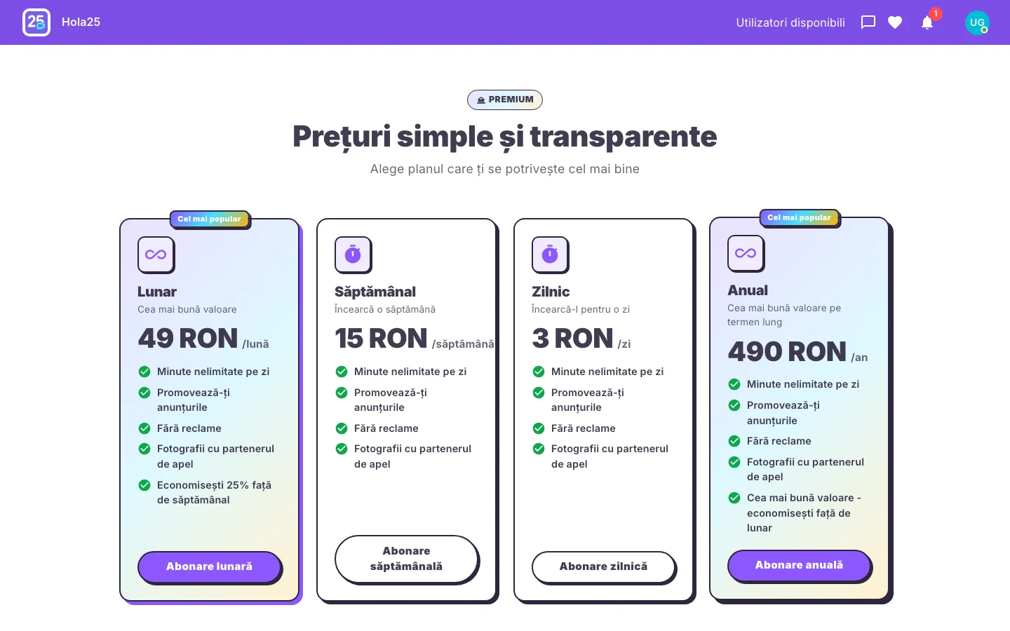 Pagina Hola25 cu beneficiile și oferta curentă pentru abonamentul Premium