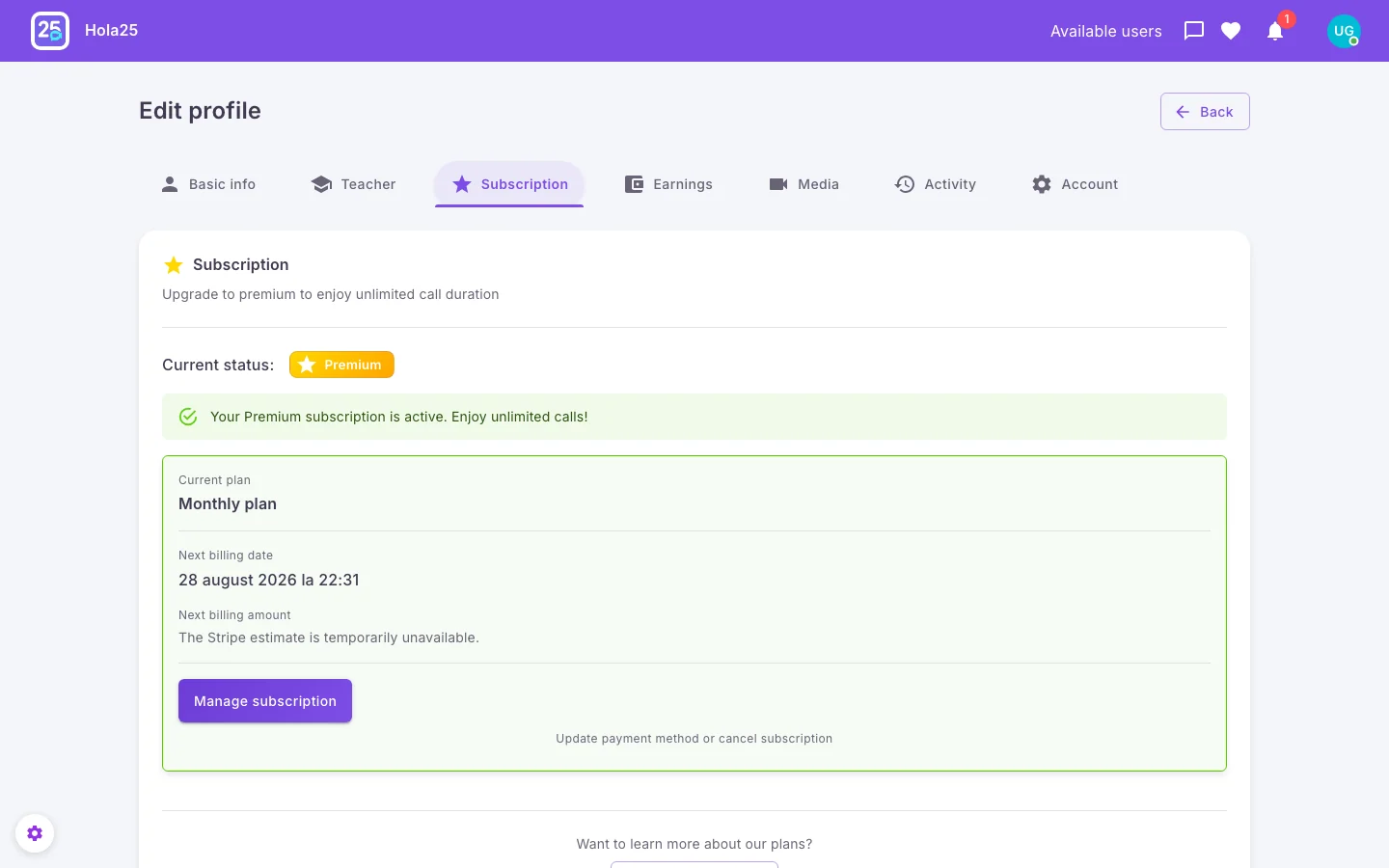 Hola25 settings for an active Premium subscription created for the guide