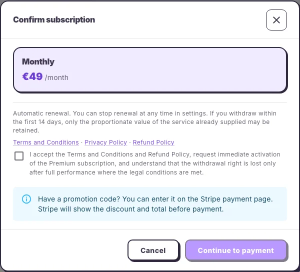Hola25 dialog for confirming the Premium plan and subscription documents