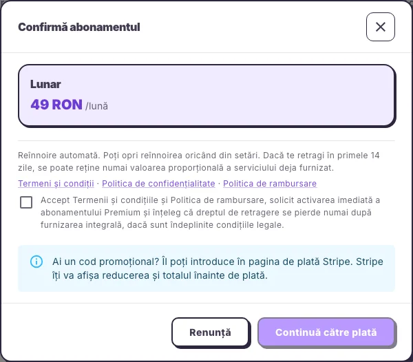 Fereastra Hola25 pentru confirmarea planului și a documentelor abonamentului Premium