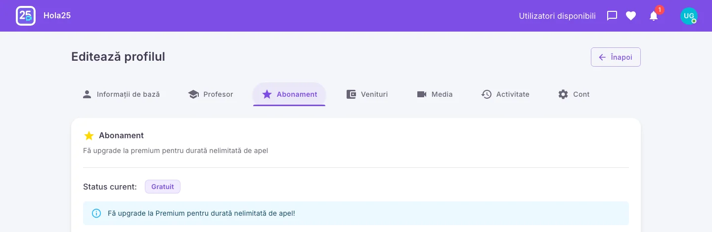 Setările Hola25 afișate pentru un cont fără abonament Premium activ