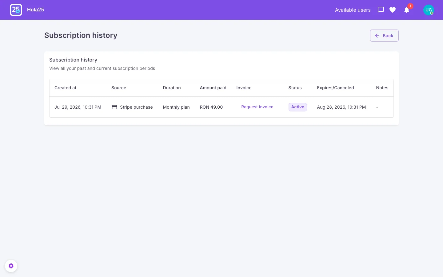 Hola25 Premium subscription history for a test persona