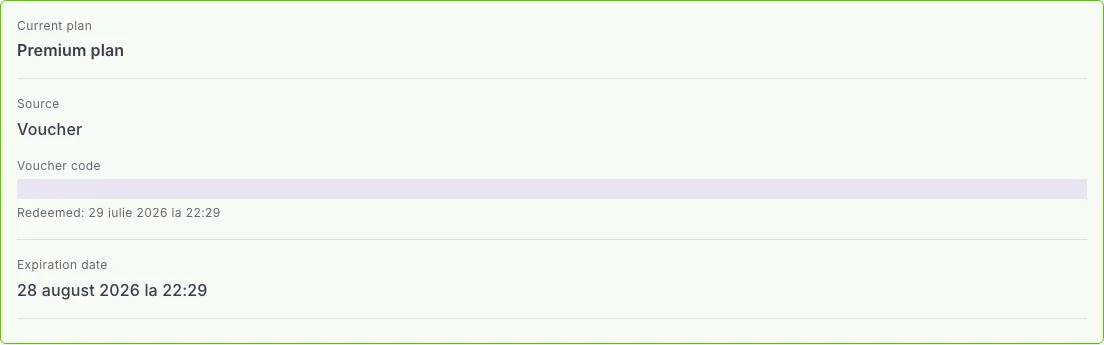 Confirmation of a Premium voucher redeemed on the web in the Hola25 web interface