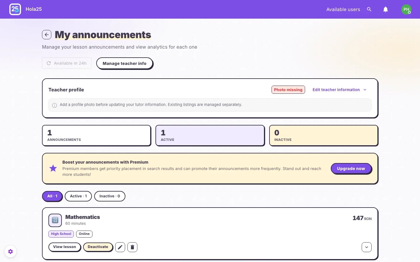 Active listing card on the My listings page with management actions