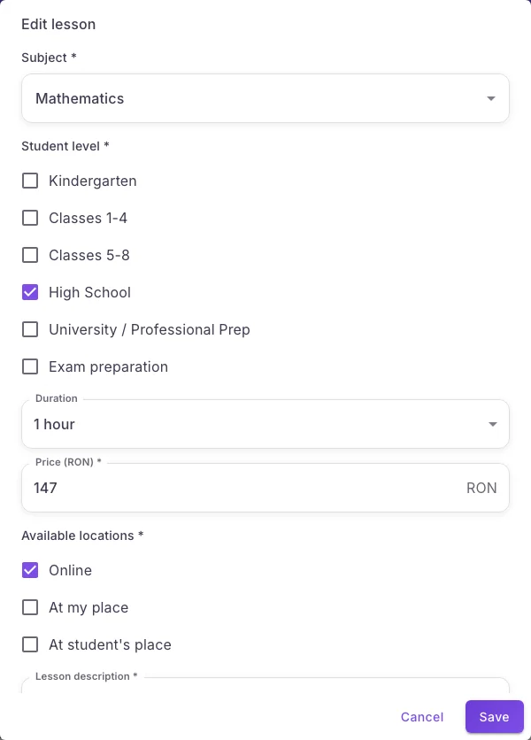 Existing tutoring listing edit form with subject, level, price and location