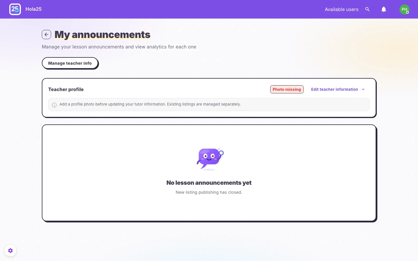 Empty My listings page showing that new listing publication is closed