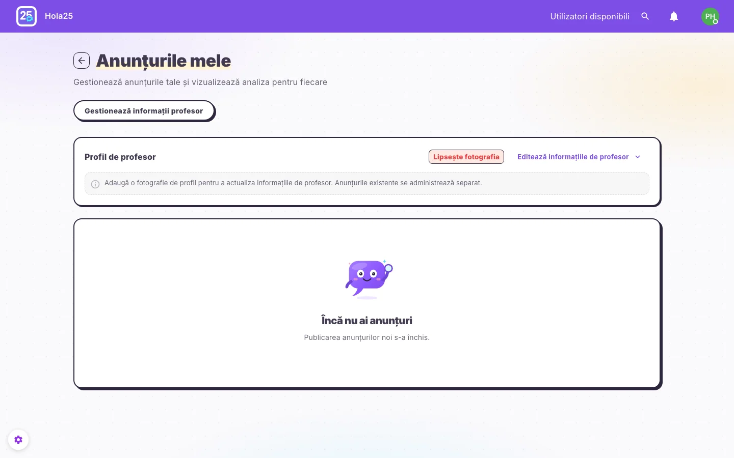 Pagina Anunțurile mele fără anunțuri, cu mesajul că publicarea nouă este închisă