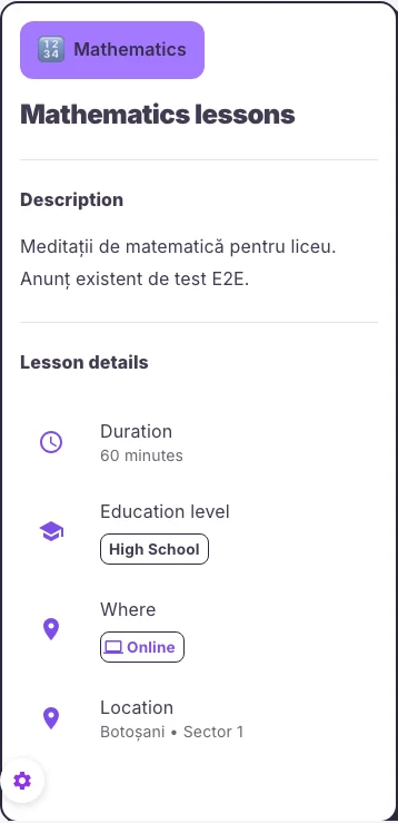 Mobile public page for a tutoring listing published on Hola25