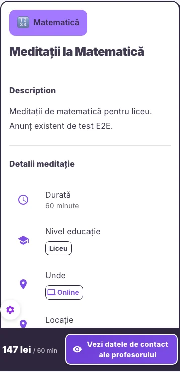 Pagina publică mobilă a unui anunț de meditații publicat pe Hola25