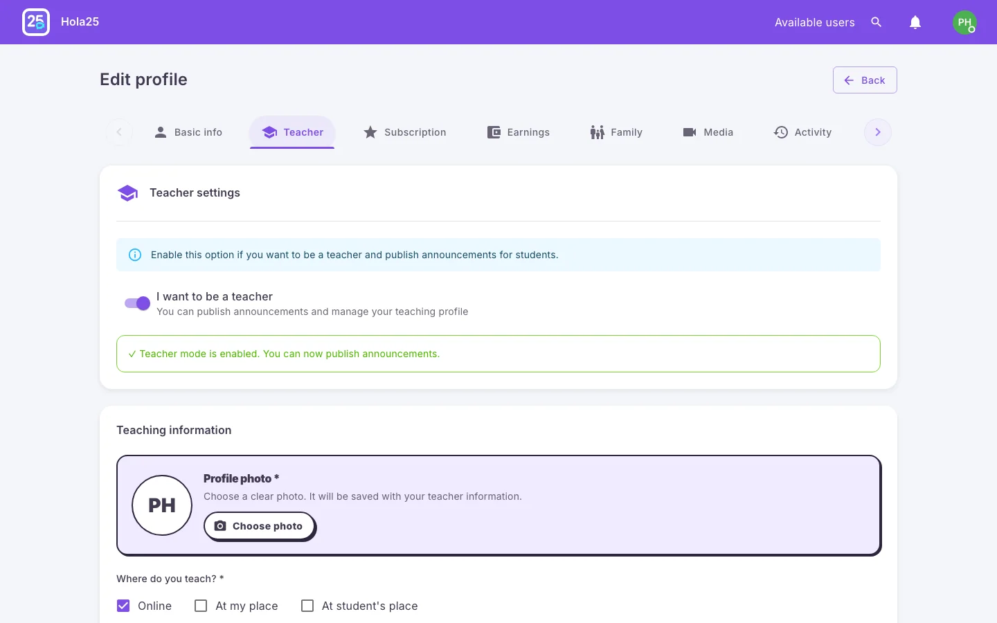 Profile settings for an existing tutor, showing teaching information that can be updated
